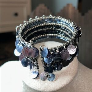 Elegant Silver and Blue Beaded Cuff Bracelet